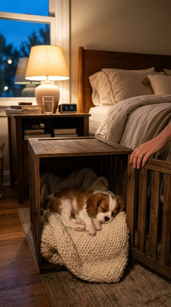 Puppy resting on a blanket in a crate beside the owner's bed on the first night