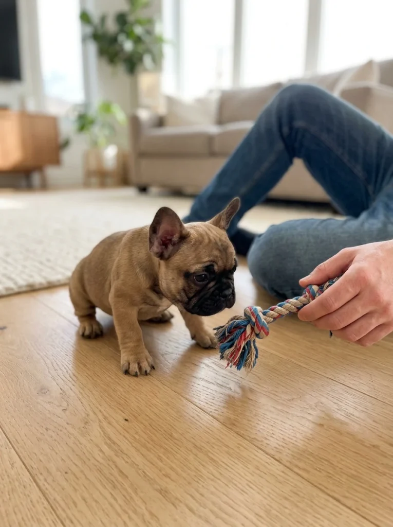 French bulldog puppy focused on a toy wiggled by its owner