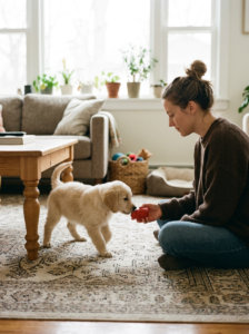 Young puppy beside a chew toy during the teething stage