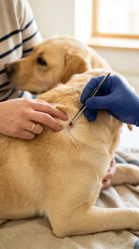 Gloved hand using fine-tipped tweezers to remove a tick from a Labrador