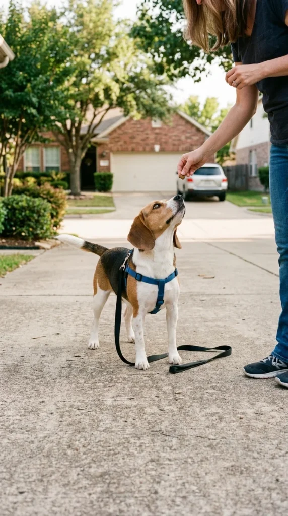 Owner rewarding a beagle for walking beside her on a loose leash