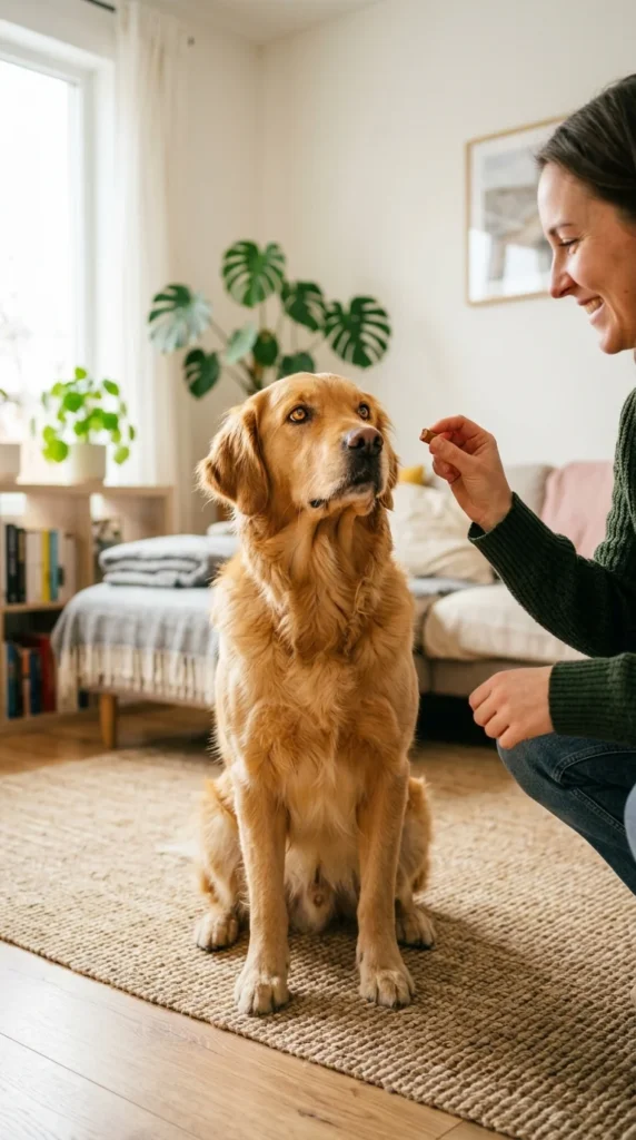 Owner rewarding a quiet golden retriever with a treat during training