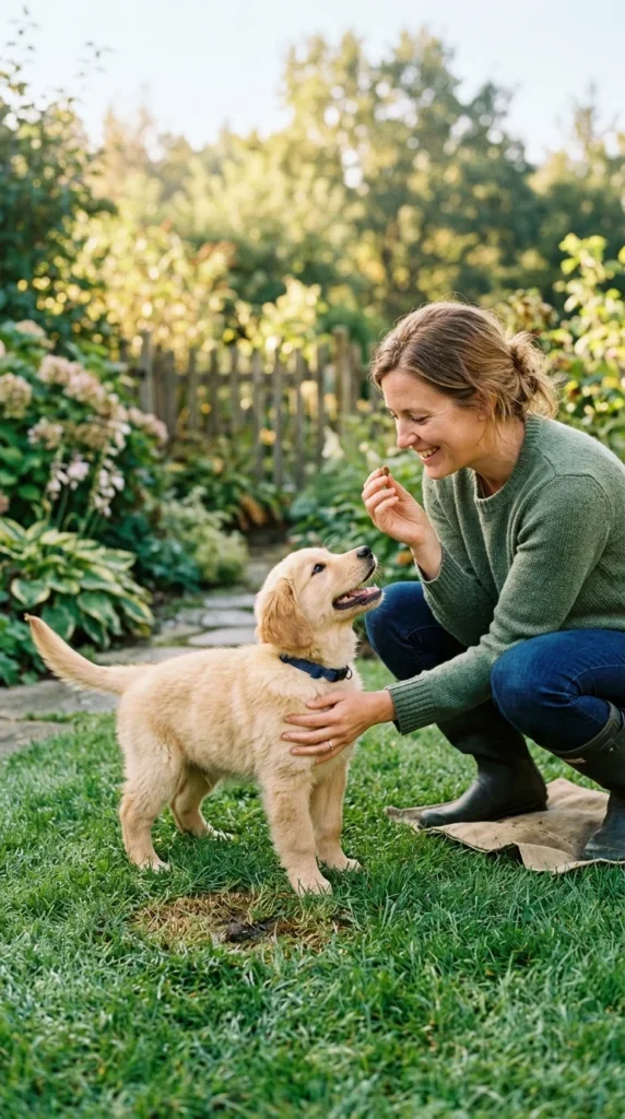 Owner giving a treat to a Golden Retriever puppy immediately after it went potty outside