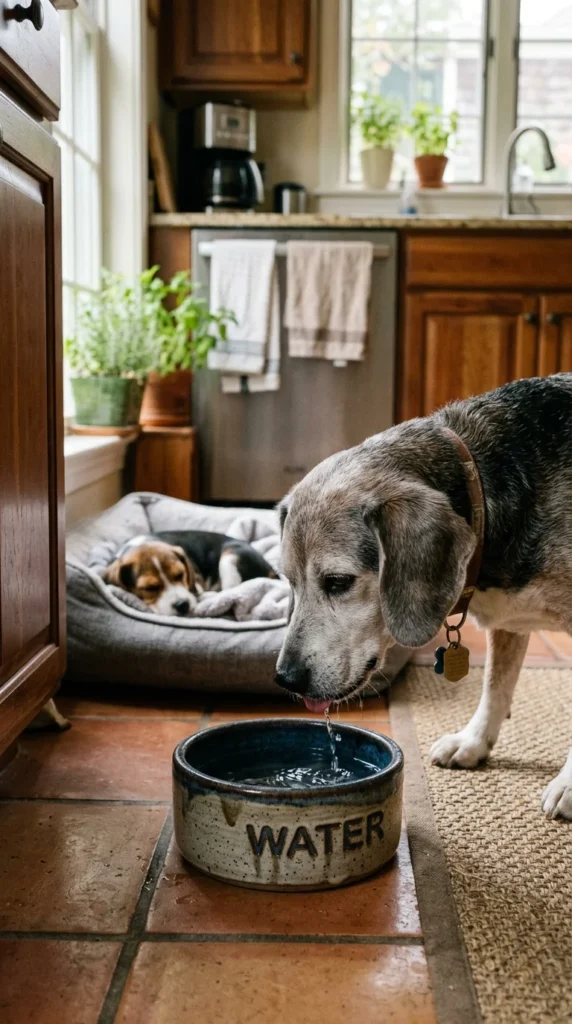 Senior Beagle drinking from a water bowl in a sunny kitchen