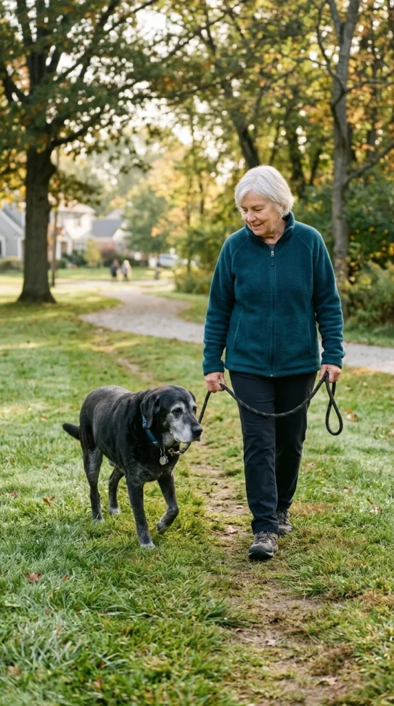 Senior Labrador walking slowly on a grassy path beside its owner