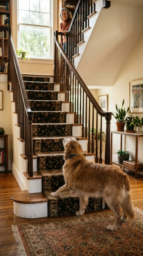 Older Golden Retriever hesitating at the bottom of a staircase