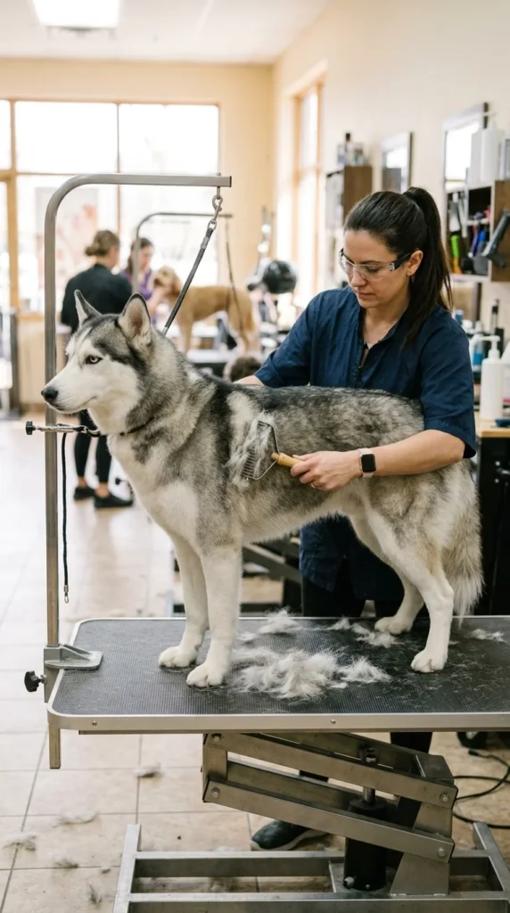Groomer using an undercoat rake on a Siberian Husky