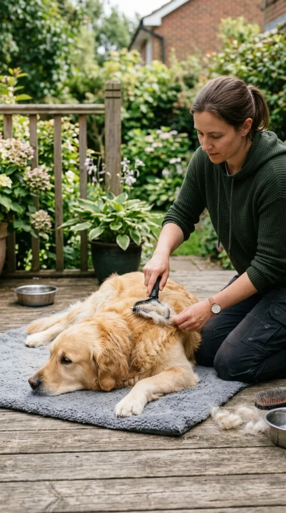 Person using an undercoat rake on a Golden Retriever