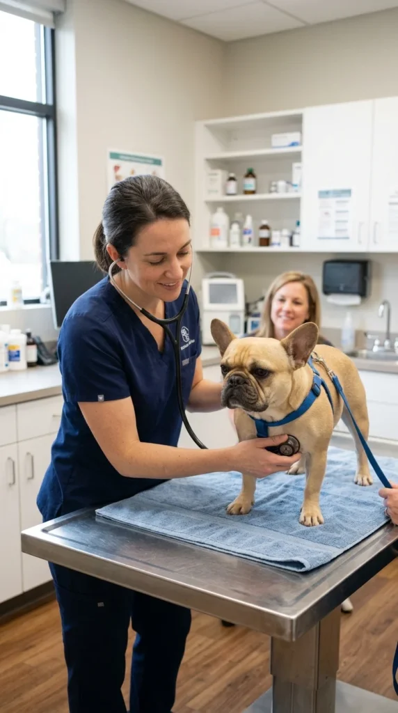 Veterinarian listening to a French bulldog's breathing