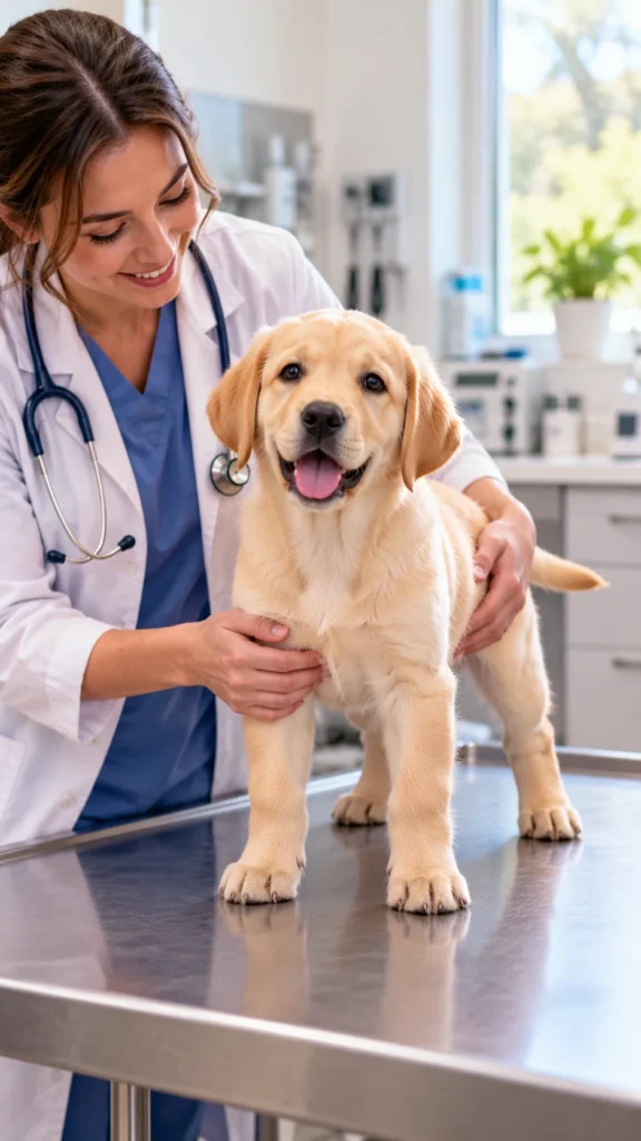 Veterinarian checking a Labrador puppy's body condition during an exam