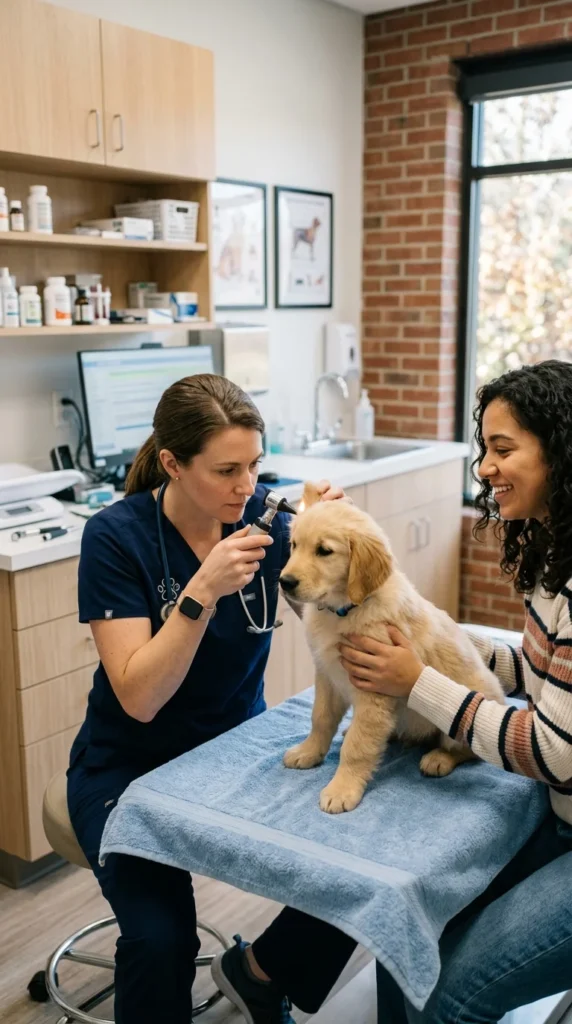 Veterinarian examining a puppy's ears during a wellness visit