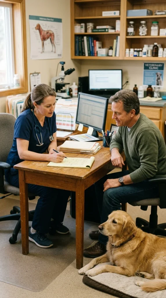 Veterinarian discussing a weight-loss plan with a dog owner in an exam room