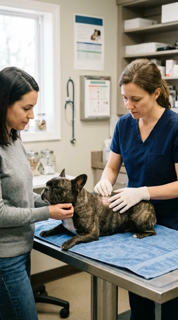 Veterinarian examining a French Bulldog's skin while the owner watches