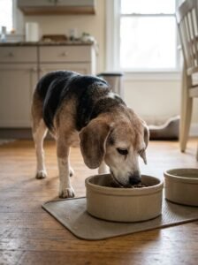 Adult Labrador eating dry dog food from a bowl.