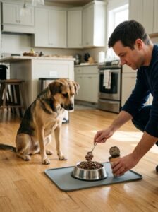 Dog owner mixing wet food into dry kibble