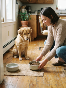 Dog owner serving a measured meal to a dog at home.