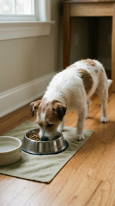 Dog eating from a clean bowl in a quiet home feeding area with natural window light.
