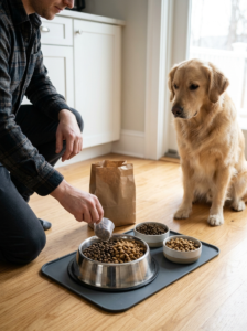 Owner mixing old and new kibble during a gradual dog food transition.