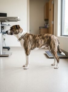 Adult dog standing sideways for a body condition check