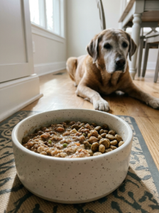 Wet dog food mixed with softened kibble in a clean bowl.