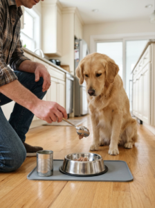 Pet owner serving a small portion of wet dog food into a dog bowl.