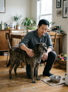 Dog owner checking a dog's comfort and appetite during a sensitive stomach food transition
