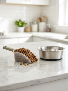 Clean measuring scoop and bowl for serving dry dog food.