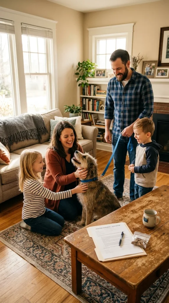 Family welcoming a newly adopted dog home