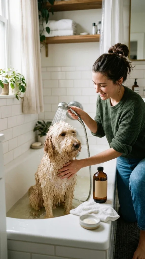 Owner rinsing a Goldendoodle in a bathtub with lukewarm water