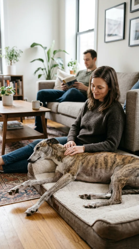 A healthy family dog relaxing comfortably near an adult and family members in a realistic