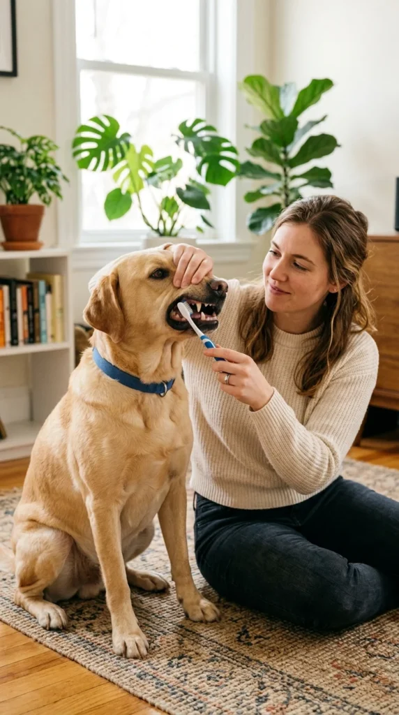 Owner brushing a Labrador's teeth with a dog toothbrush