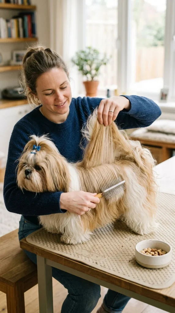 Person brushing a Shih Tzu's long coat in sections