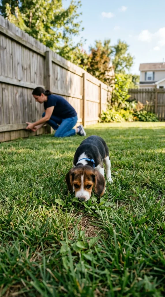 Homeowner checking a backyard fence for gaps while a puppy explores