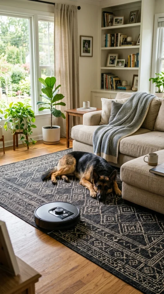 Pet-hair vacuum cleaning a living room floor beside a resting German Shepherd