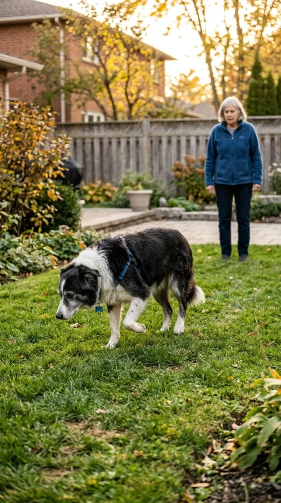 Senior border collie limping slightly in a backyard