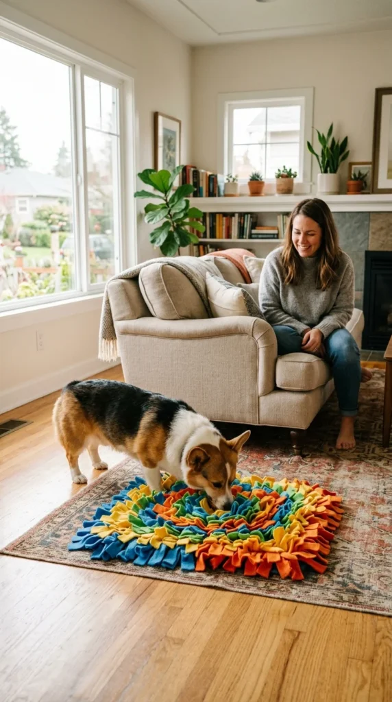 Corgi searching for treats in a snuffle mat as mental exercise
