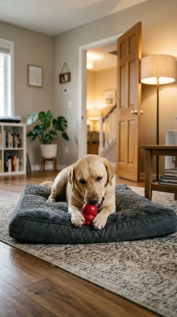 Dog relaxing on a bed with a stuffed chew toy while the owner is away