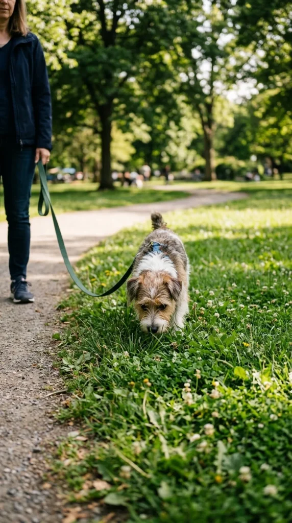 Dog sniffing grass on a walk while the owner waits with a loose leash