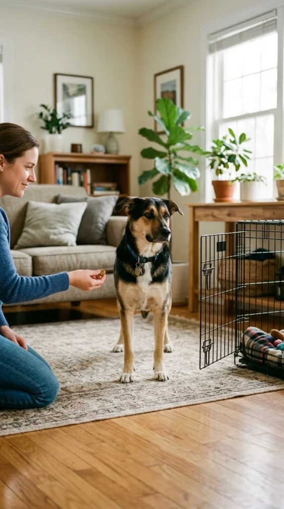 Owner giving a hesitant dog space and a treat near an open crate