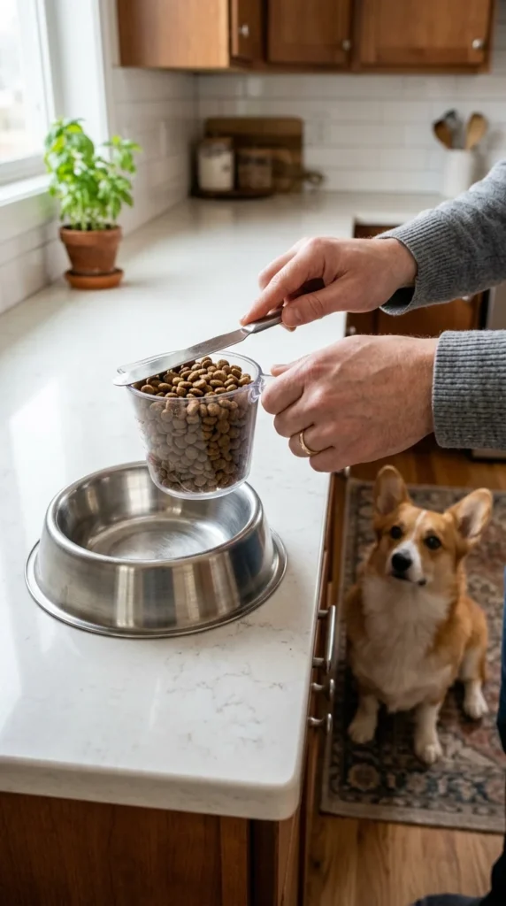 Owner measuring a portion of dog food with a measuring cup while a Corgi waits