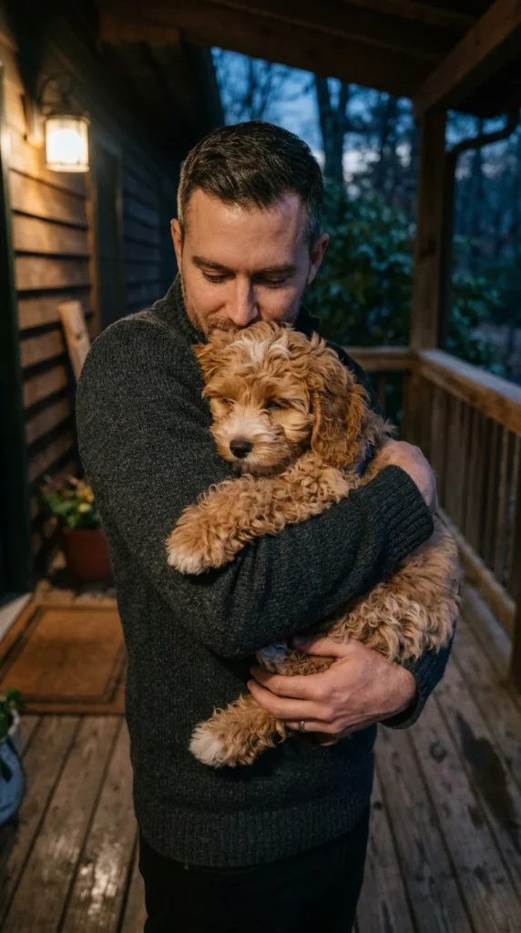 Owner carrying a sleepy puppy outside for a quiet nighttime potty break