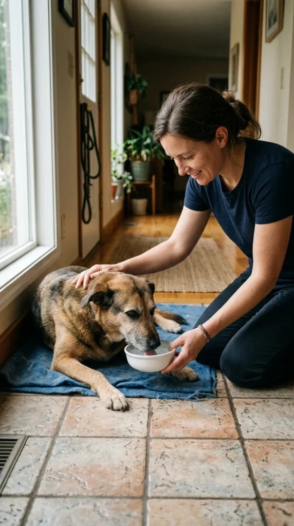 Owner offering a small bowl of fresh water to a tired dog on a cool floor