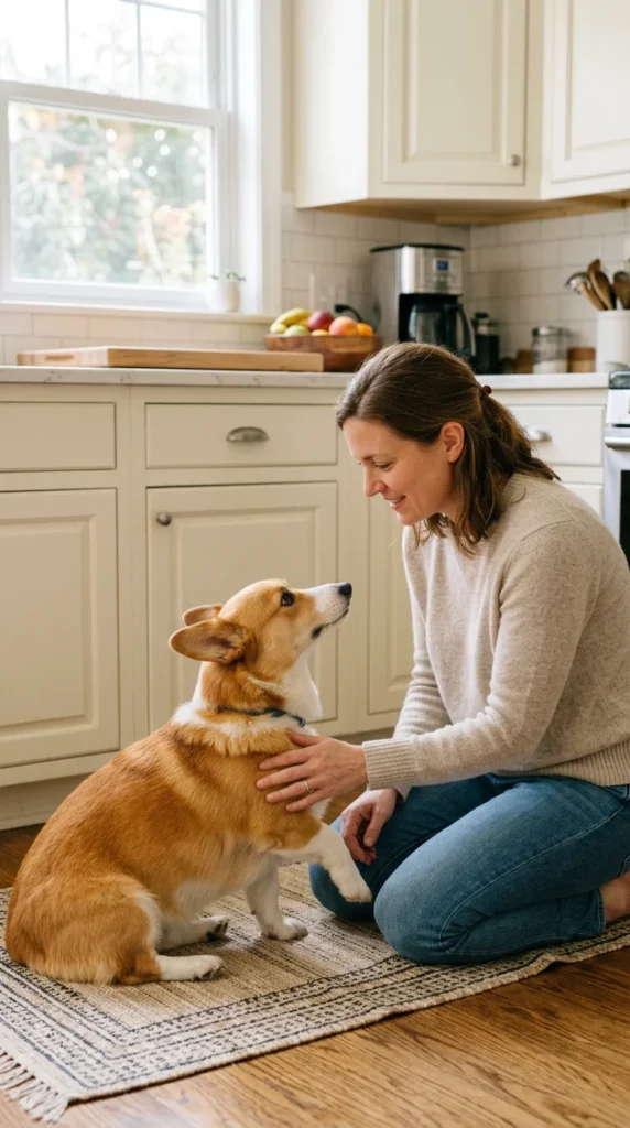 Owner gently feeling a Corgi's leg while watching for signs of tenderness