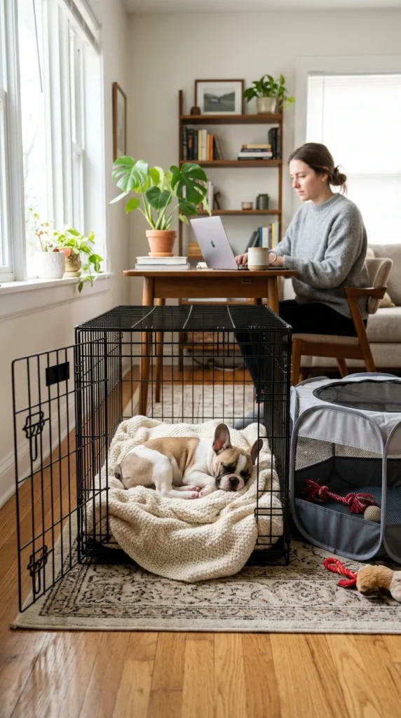 French Bulldog puppy resting in a crate near its owner at home
