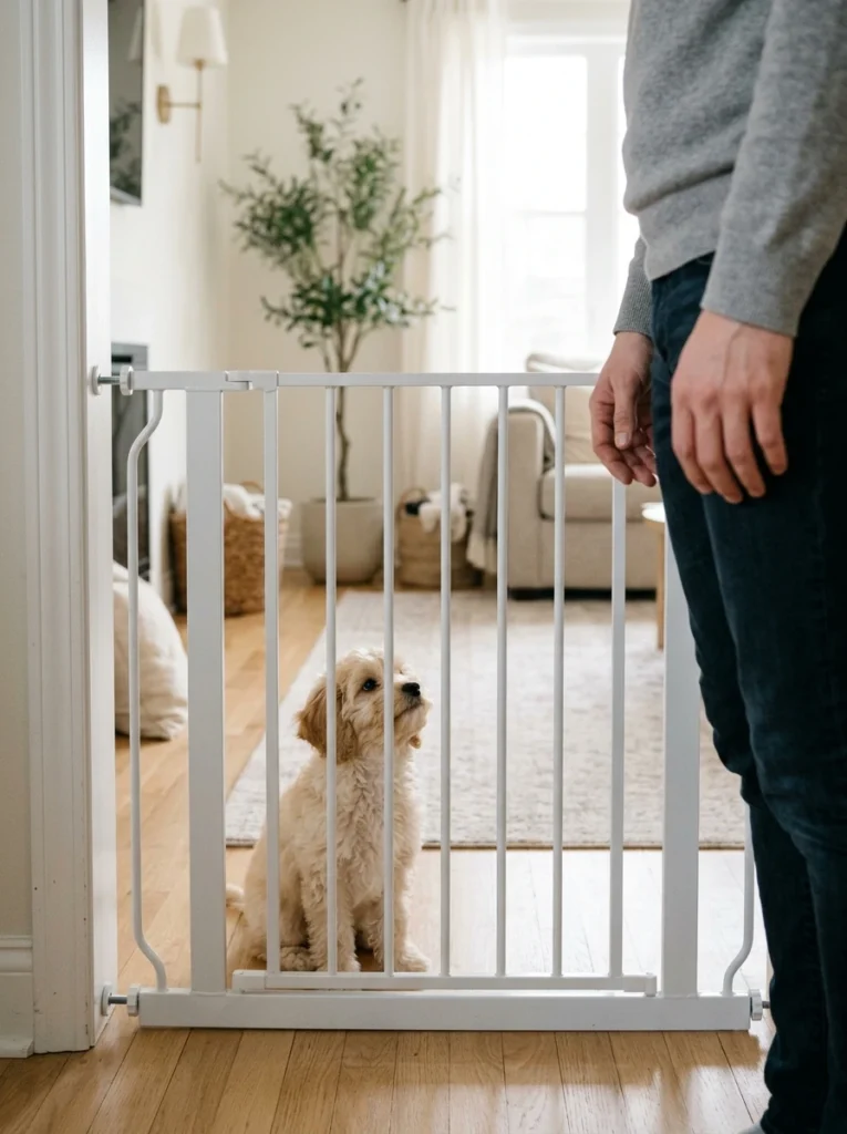 Cavapoo puppy sitting behind a baby gate during a short play break