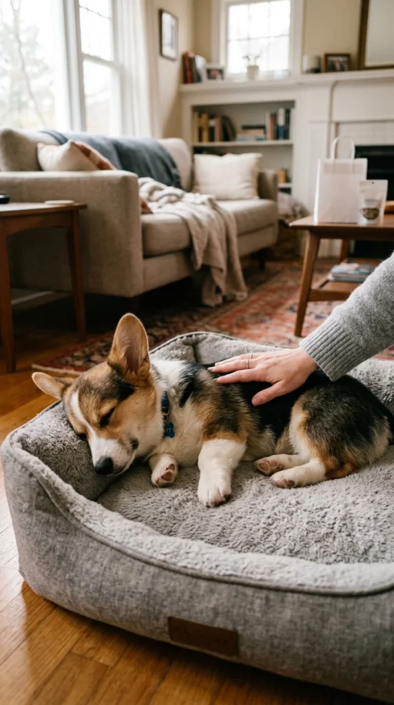 Puppy resting on a dog bed at home after vaccinations
