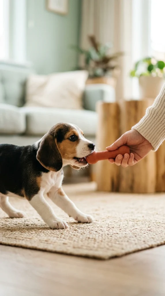 Owner offering a chew toy to a beagle puppy