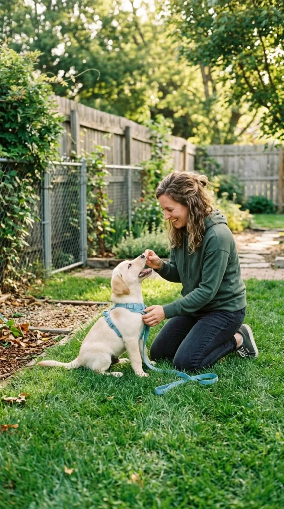 Owner rewarding a Labrador puppy with a treat after it went potty outside
