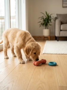 Puppy exploring safe rubber chew toys on the floor
