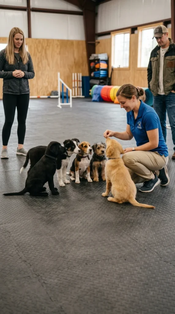 Trainer guiding owners and puppies in a supervised puppy class